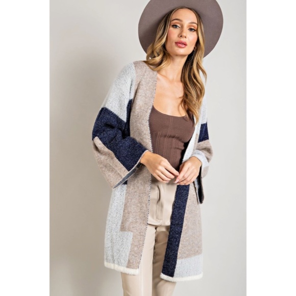 SOLD OUT Navy Colorblock Soft Knit Fall Winter Casual Women's Duster Cardigan - Picture 3 of 8